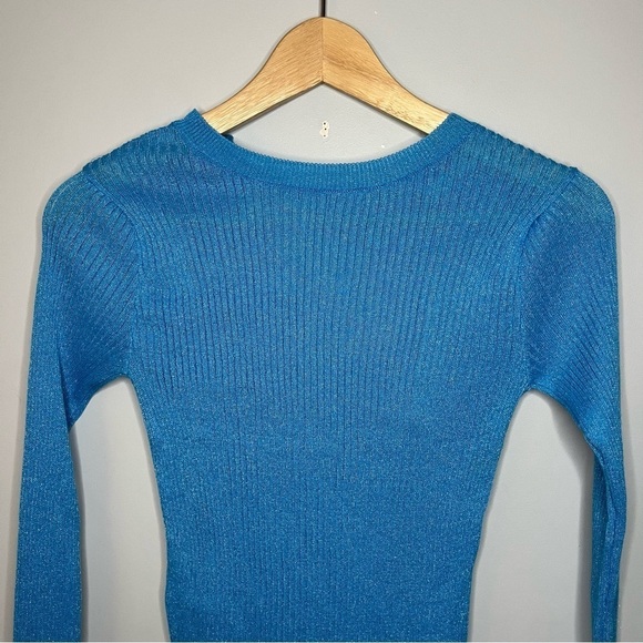 Mango Lace Up Back Cut Out Fine Ribbed Knit Sky Blue Sweater Size Small NWT - Picture 5 of 16